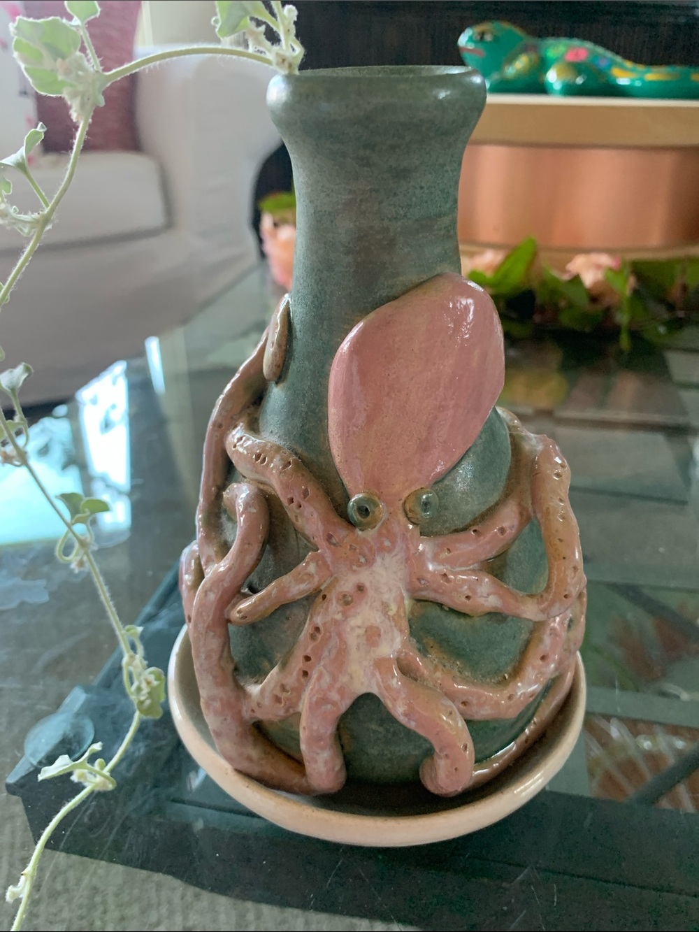 Handmade Ceramic Octopus Vase - Green and Pink 7”H